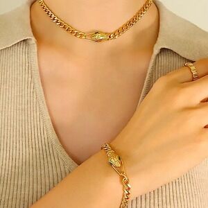 Gold Snake Choker Bracelet Matching Set, Chain Link, Serpent, Necklace